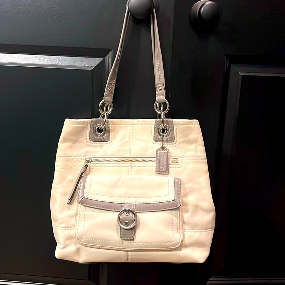Bone leather with patent gray trim coach shoulder bag